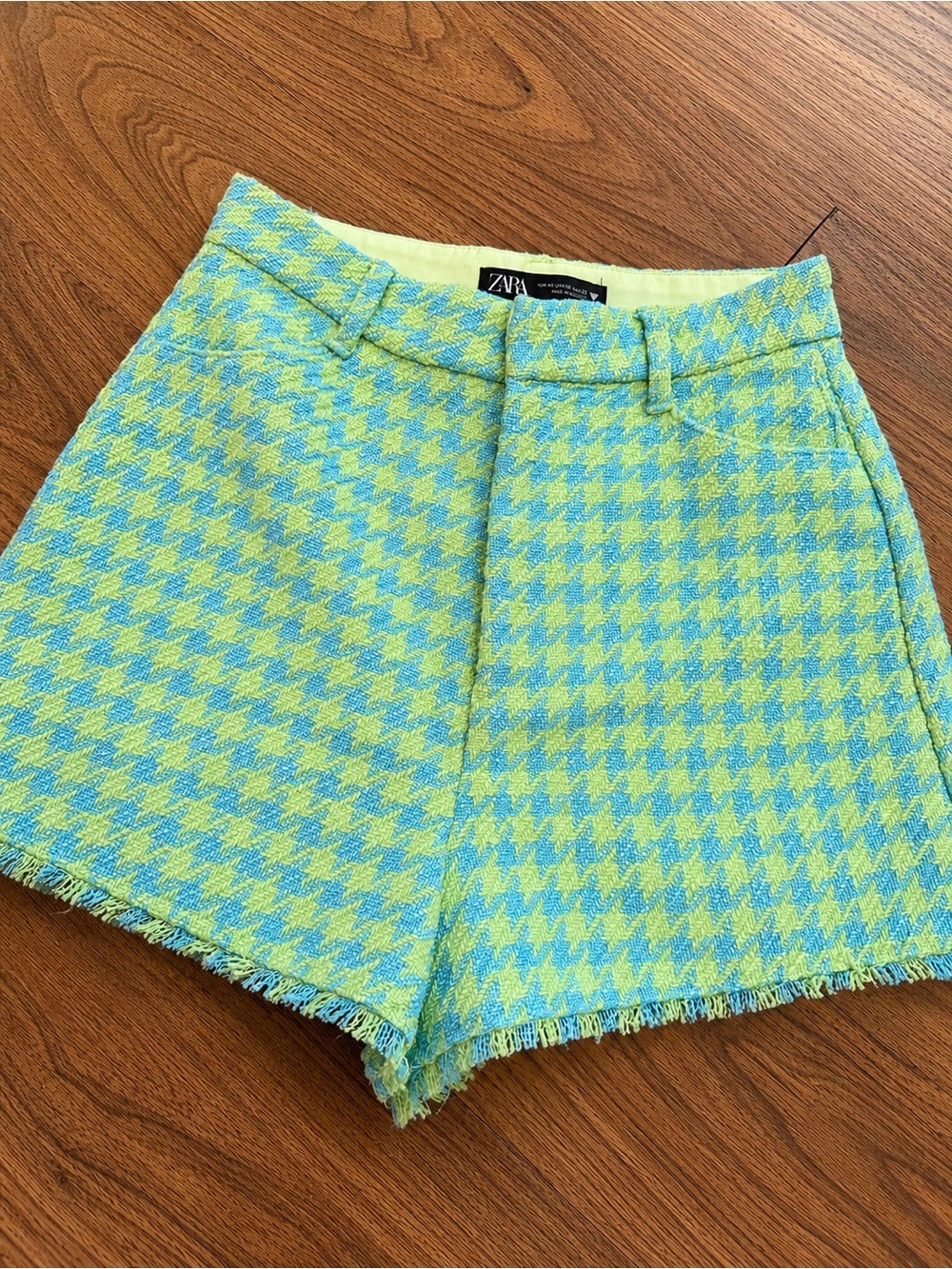 Zara Green & Blue Houndstooth High-Waist Shorts never used